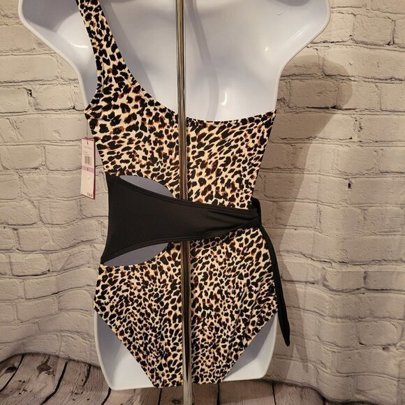 Vince Camuto Printed One-Shoulder Wrap Tie One-Piece - Picture 2 of 5